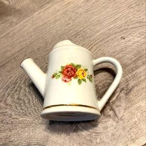 Small Ceramic Vintage Flower Bud Vase Watering Can with Flowers and Gold Trim
